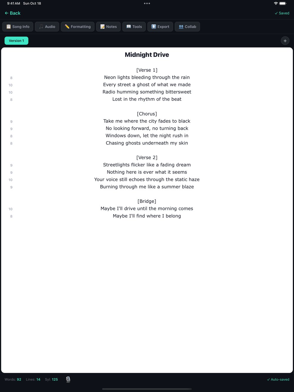 The PenVox lyric editor on iPad