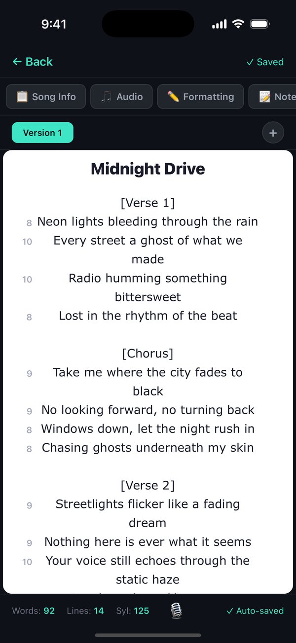 The PenVox lyric editor on iPhone